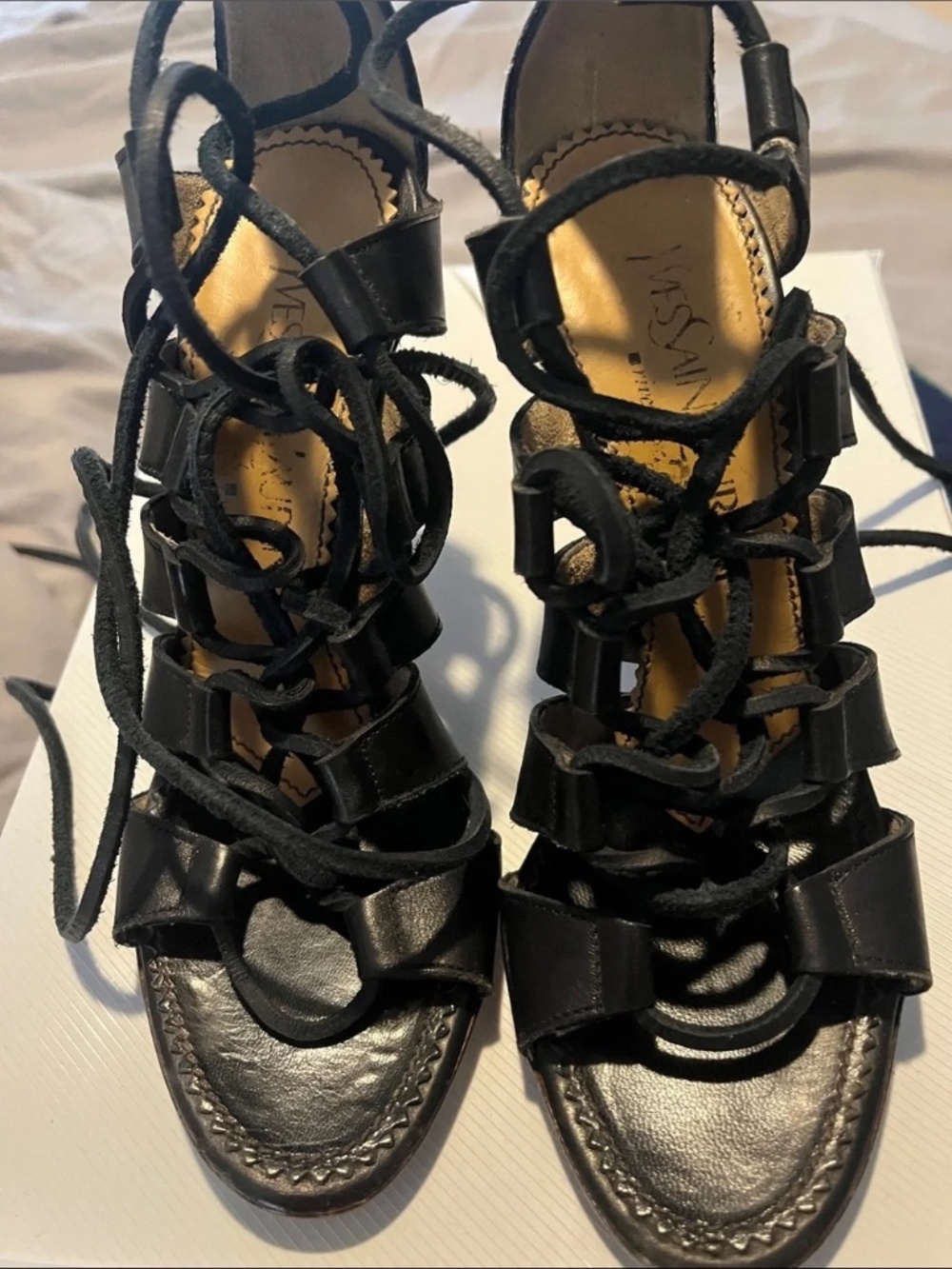 Yves Saint Laurent Black Leather Lace-Up Strappy Heels